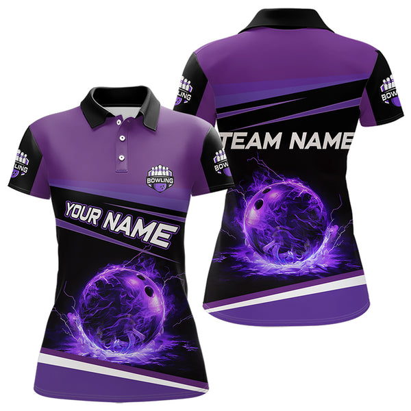 Black and Purple Lighting Flame Women Bowling Polo, Quarter Zip Shirt Custom Team bowling jerseys NQS9320