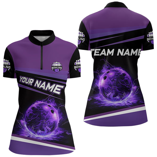 Black and Purple Lighting Flame Women Bowling Polo, Quarter Zip Shirt Custom Team bowling jerseys NQS9320