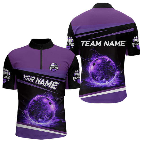 Black and Purple Lighting Flame Mens Bowling Polo, Quarter Zip Shirt Custom Team bowling jerseys NQS9320
