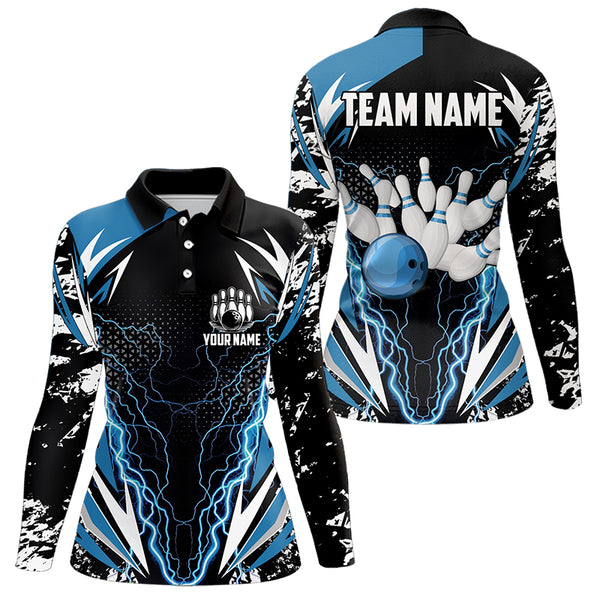 Black and Blue Lighting thunder camo Women Bowling Polo, Quarter Zip Shirt Custom Team bowling jerseys NQS9321