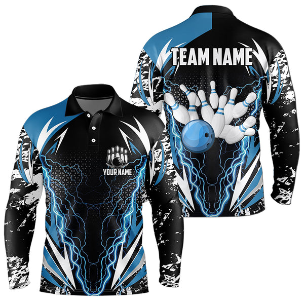 Black and Blue Lighting thunder camo Mens Bowling Polo, Quarter Zip Shirt Custom Team bowling jerseys NQS9321