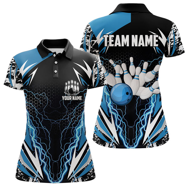 Black and Blue Lighting thunder camo Women Bowling Polo, Quarter Zip Shirt Custom Team bowling jerseys NQS9321