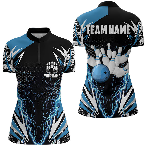 Black and Blue Lighting thunder camo Women Bowling Polo, Quarter Zip Shirt Custom Team bowling jerseys NQS9321