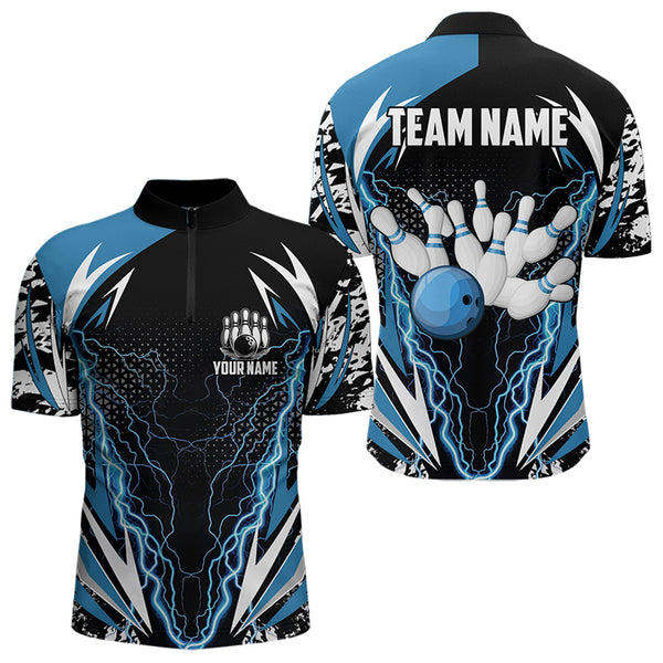Black and Blue Lighting thunder camo Mens Bowling Polo, Quarter Zip Shirt Custom Team bowling jerseys NQS9321