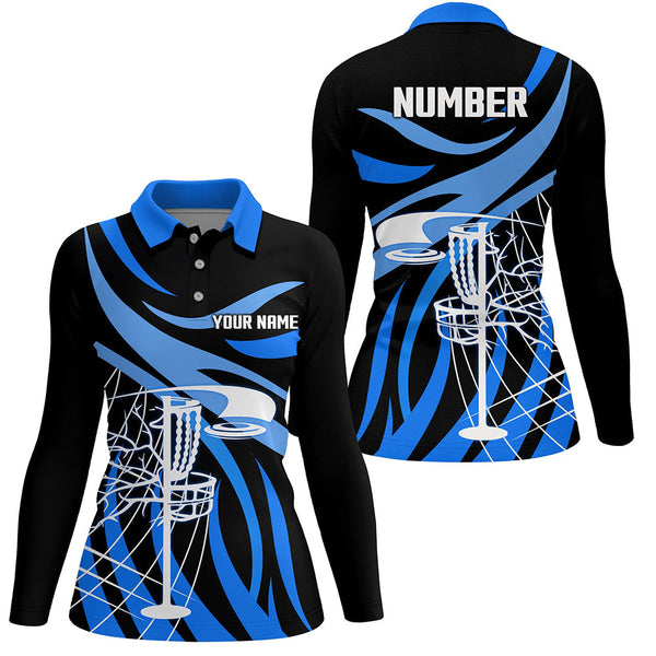 Womens golf polo shirt custom black and blue disc golf basket, personalized disc golf shirts NQS7244
