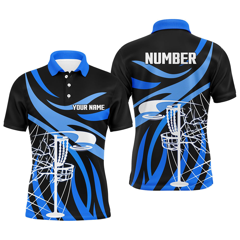 Mens disc golf polo shirt custom name black and blue disc golf basket, personalized disc golf shirts NQS7244