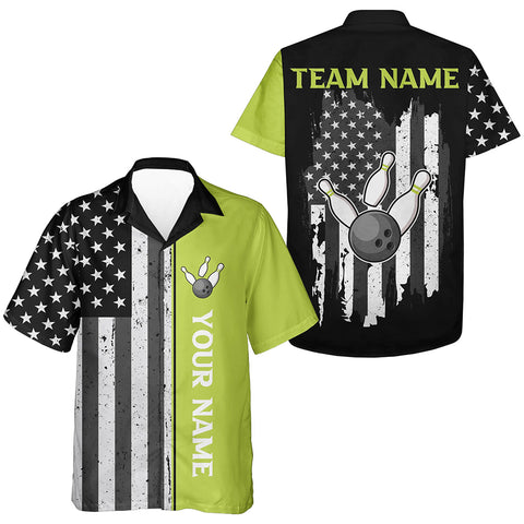 Black White Retro American Flag Bowling Hawaiian Shirt Custom Patriotic Bowling Team Shirts | Green NQS9638