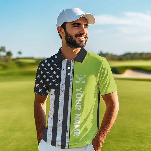 Black White Retro American Flag Golf Polo Shirt for Men Custom Patriotic Golf Team Shirt | Green NQS9637