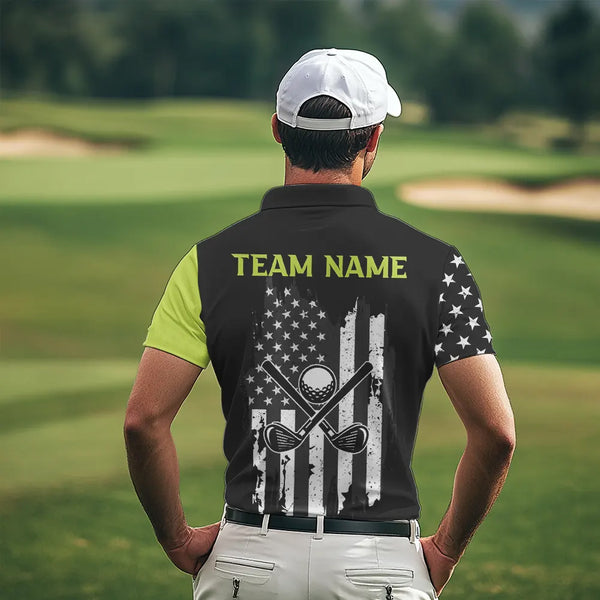 Black White Retro American Flag Golf Polo Shirt for Men Custom Patriotic Golf Team Shirt | Green NQS9637