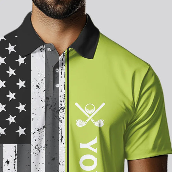 Black White Retro American Flag Golf Polo Shirt for Men Custom Patriotic Golf Team Shirt | Green NQS9637