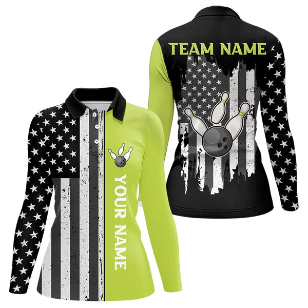 Black White Retro American Flag Bowling Shirts For Women Custom Patriotic Bowling Team Jersey | Green NQS9638
