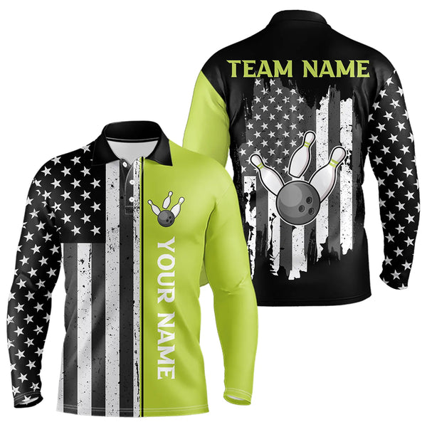 Black White Retro American Flag Bowling Shirts For Men Custom Patriotic Bowling Team Jersey | Green NQS9638