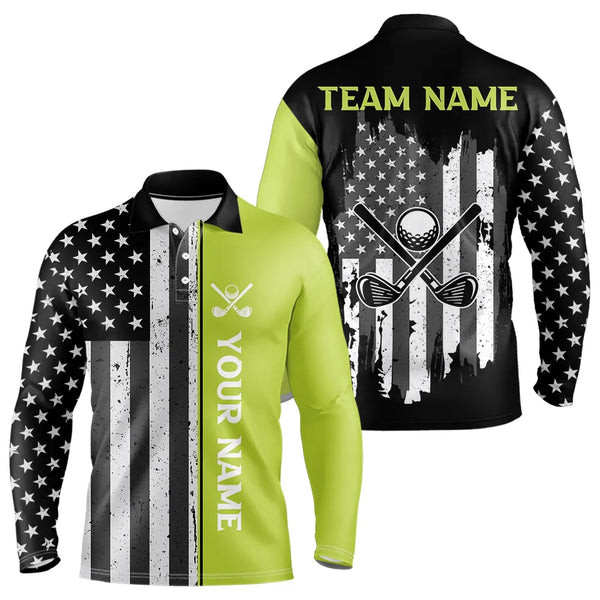 Black White Retro American Flag Golf Polo Shirt for Men Custom Patriotic Golf Team Shirt | Green NQS9637