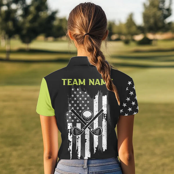 Black White Retro American Flag Golf Polo Shirt for Women Custom Patriotic Golf Team Shirt | Green NQS9637