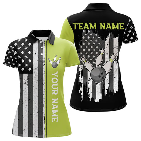 Black White Retro American Flag Bowling Shirts For Women Custom Patriotic Bowling Team Jersey | Green NQS9638