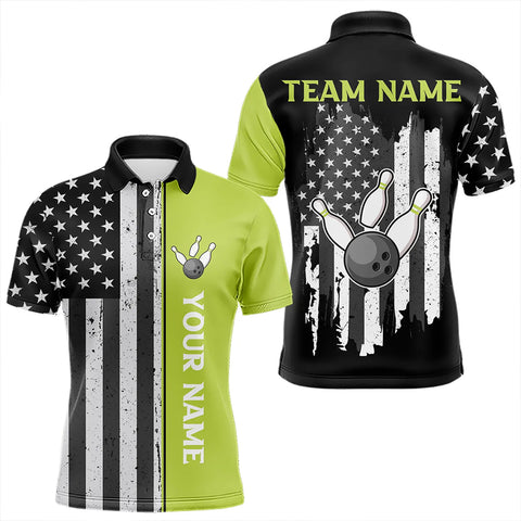 Black White Retro American Flag Bowling Shirts For Men Custom Patriotic Bowling Team Jersey | Green NQS9638