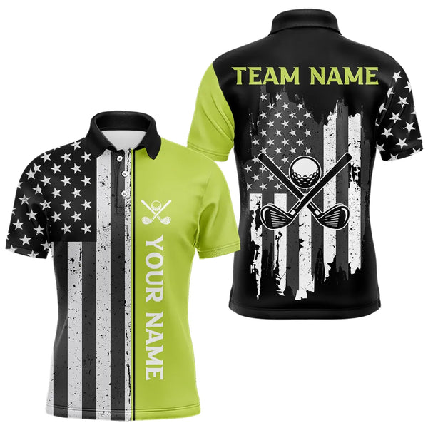 Black White Retro American Flag Golf Polo Shirt for Men Custom Patriotic Golf Team Shirt | Green NQS9637