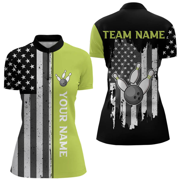 Black White Retro American Flag Bowling Shirts For Women Custom Patriotic Bowling Team Jersey | Green NQS9638