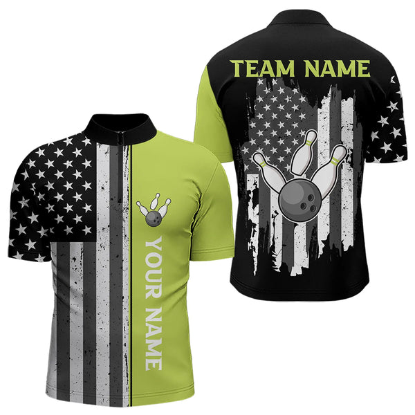 Black White Retro American Flag Bowling Shirts For Men Custom Patriotic Bowling Team Jersey | Green NQS9638