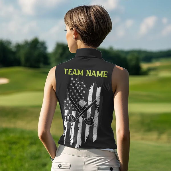Black White Retro American Flag Women Sleeveless Polo Shirt Custom Patriotic Golf Team Shirt | Green NQS9637