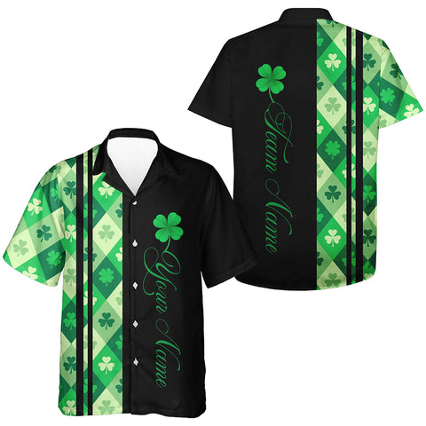 Black and Green Argyle Clover pattern Bowling Hawaiian Shirt Custom St patrick Day Bowling Team Jersey NQS9639