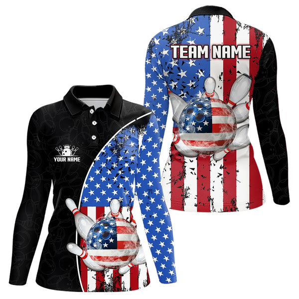 Black Camo Bowling Polo, 1/4 Zip Shirts For Women Custom American Flag Patriotic Bowling Team Jersey NQS9640