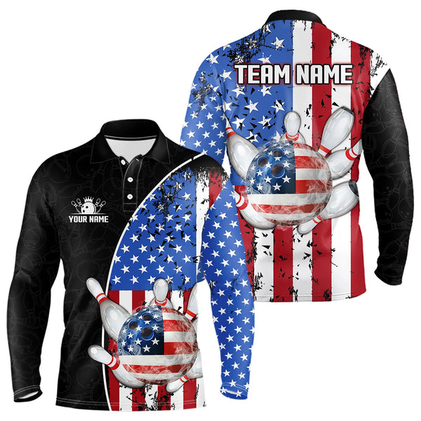 Black Camo Bowling Polo, 1/4 Zip Shirts For Men Custom American Flag Patriotic Bowling Team Jersey NQS9640