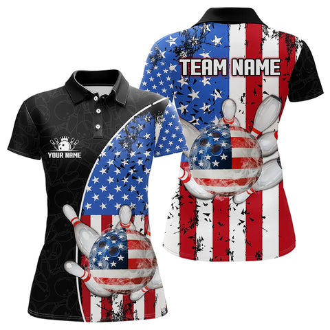 Black Camo Bowling Polo, 1/4 Zip Shirts For Women Custom American Flag Patriotic Bowling Team Jersey NQS9640