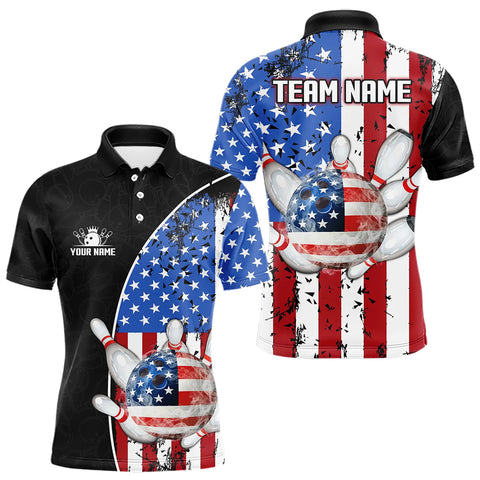 Black Camo Bowling Polo, 1/4 Zip Shirts For Men Custom American Flag Patriotic Bowling Team Jersey NQS9640