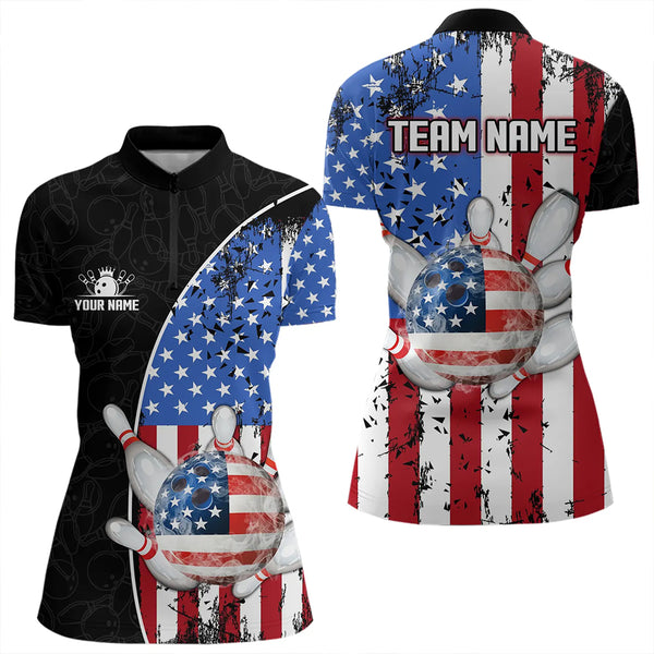 Black Camo Bowling Polo, 1/4 Zip Shirts For Women Custom American Flag Patriotic Bowling Team Jersey NQS9640