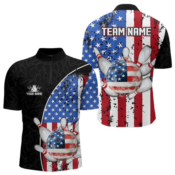 Black Camo Bowling Polo, 1/4 Zip Shirts For Men Custom American Flag Patriotic Bowling Team Jersey NQS9640