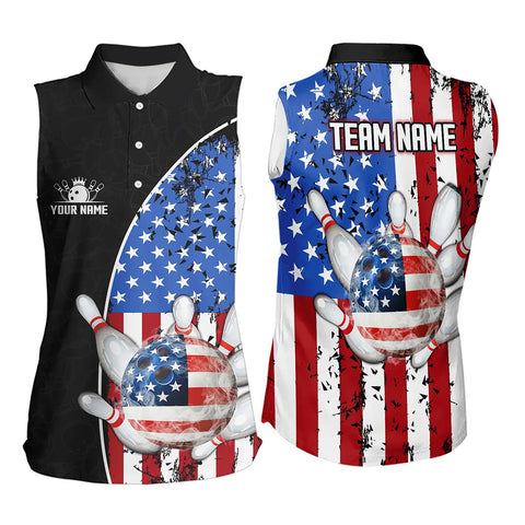 Black Camo Women Bowling Sleeveless Polo shirt Custom American Flag Patriotic Bowling Team Jersey NQS9640