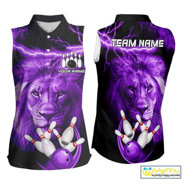 Personalized Purple Lightning Thunder Lion Bowling Sleeveless Polo Shirt Custom Bowling Team Jersey NQS9839