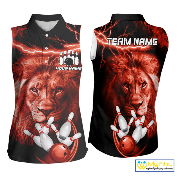 Personalized Red Lightning Thunder Lion Bowling Sleeveless Polo Shirt Custom Bowling Team Jersey NQS9840