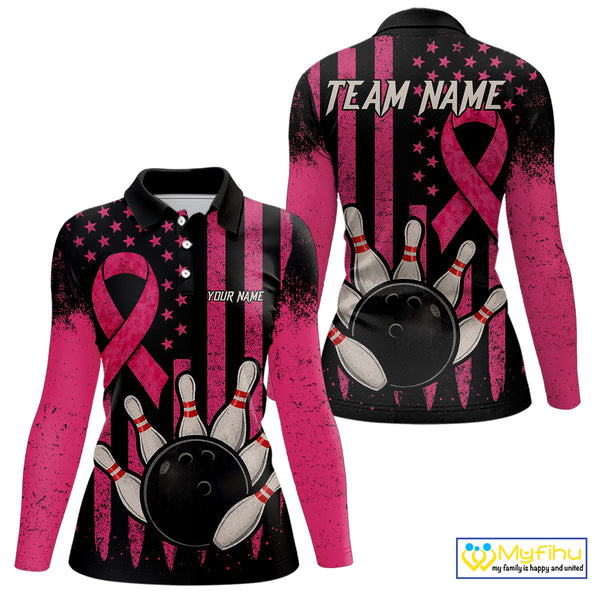 Black and Pink ribbon American Flag Breast Cancer Bowling Shirts For Women Custom Bowling Team Jerseys NQS9841