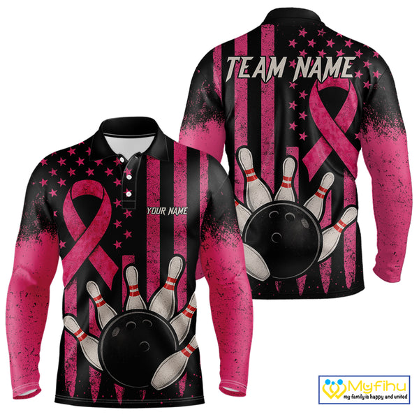 Black and Pink ribbon American Flag Breast Cancer Bowling Shirts For Men Custom Bowling Team Jerseys NQS9841