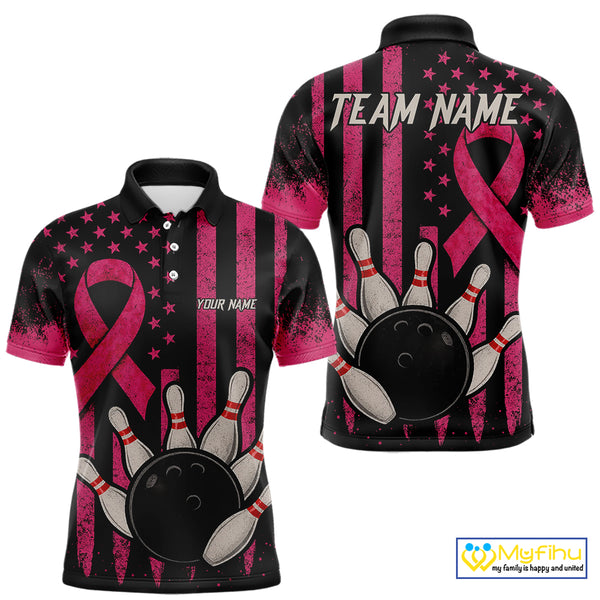 Black and Pink ribbon American Flag Breast Cancer Bowling Shirts For Men Custom Bowling Team Jerseys NQS9841