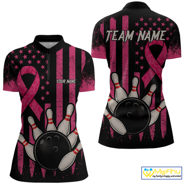 Black and Pink ribbon American Flag Breast Cancer Bowling Shirts For Women Custom Bowling Team Jerseys NQS9841