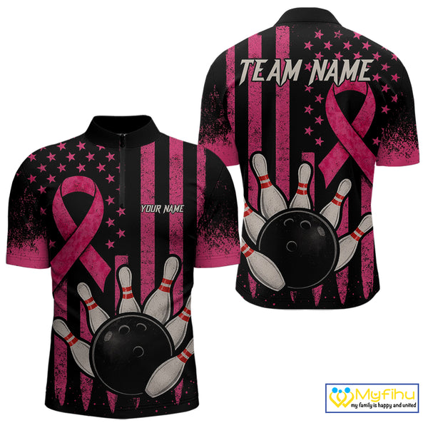 Black and Pink ribbon American Flag Breast Cancer Bowling Shirts For Men Custom Bowling Team Jerseys NQS9841