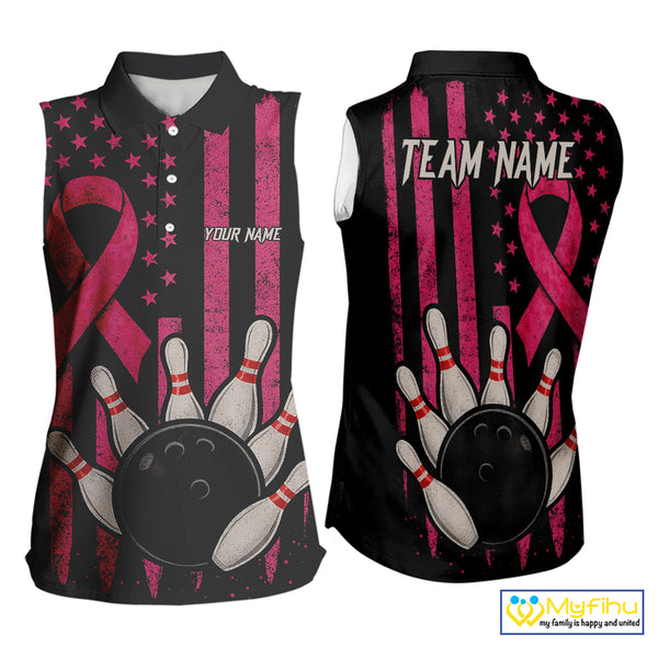 Black and Pink ribbon American Flag Breast Cancer Sleeveless Polo Shirt Custom Bowling Team Shirts NQS9841