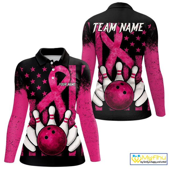 Breast Cancer Bowling Shirts For Women Custom Black and Pink ribbon American Flag Bowling Team Jerseys NQS9842