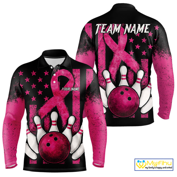 Breast Cancer Bowling Shirts For Men Custom Black and Pink ribbon American Flag Bowling Team Jerseys NQS9842