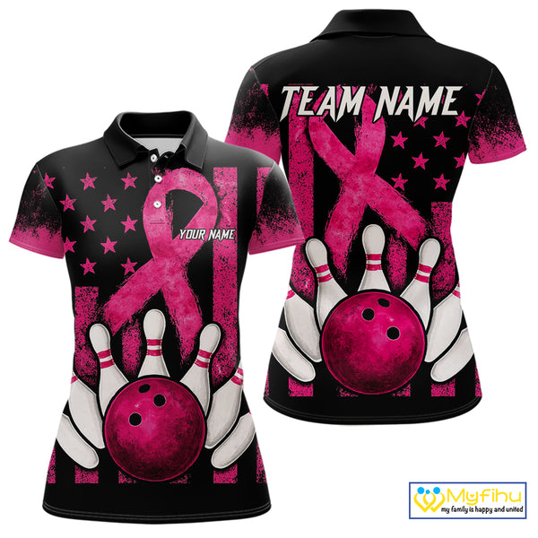 Breast Cancer Bowling Shirts For Women Custom Black and Pink ribbon American Flag Bowling Team Jerseys NQS9842