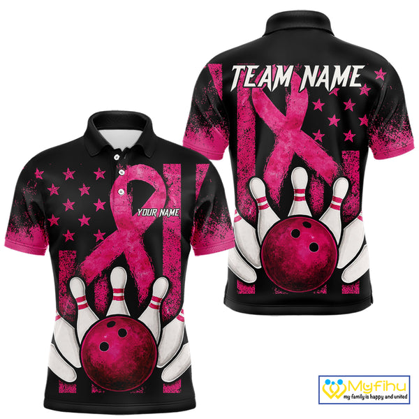 Breast Cancer Bowling Shirts For Men Custom Black and Pink ribbon American Flag Bowling Team Jerseys NQS9842