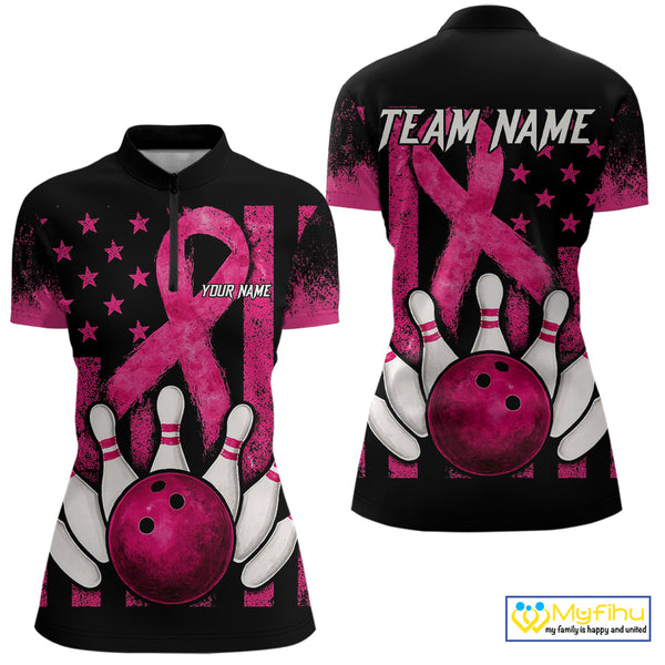 Breast Cancer Bowling Shirts For Women Custom Black and Pink ribbon American Flag Bowling Team Jerseys NQS9842