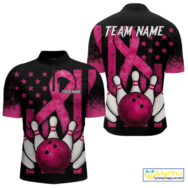 Breast Cancer Bowling Shirts For Men Custom Black and Pink ribbon American Flag Bowling Team Jerseys NQS9842