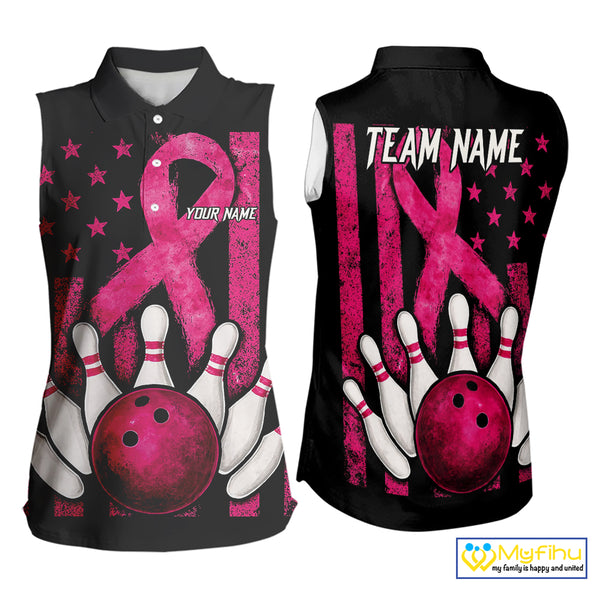 Breast Cancer Bowling Sleeveless Polo Shirt Custom Black and Pink ribbon American Flag Team Jersey NQS9842