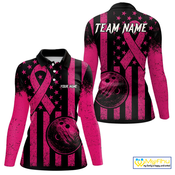 Black and Pink ribbon American Flag Bowling Shirts For Women Custom Breast Cancer team bowling shirts NQS9843