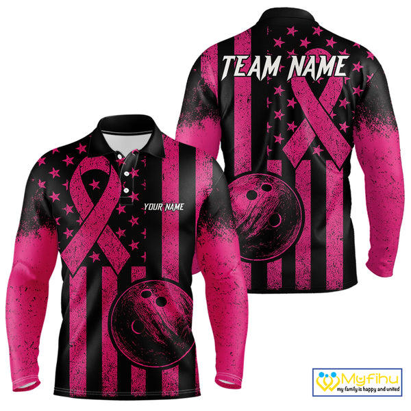 Black and Pink ribbon American Flag Bowling Shirts For Men Custom Breast Cancer team bowling shirts NQS9843