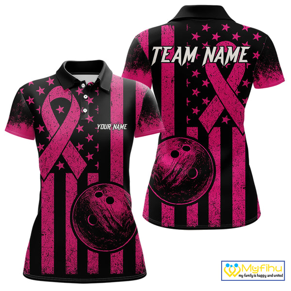 Black and Pink ribbon American Flag Bowling Shirts For Women Custom Breast Cancer team bowling shirts NQS9843